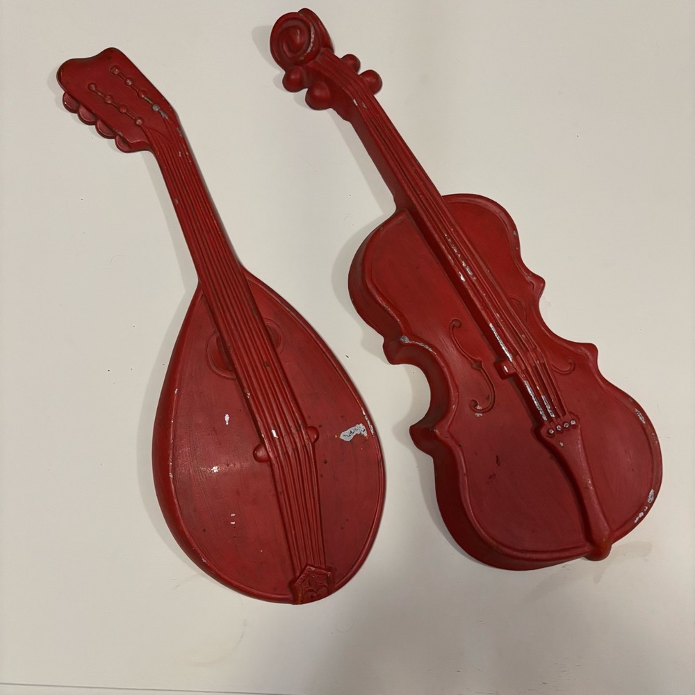 MCM Red Royal Cast Metal Wall Decor Music Instruments